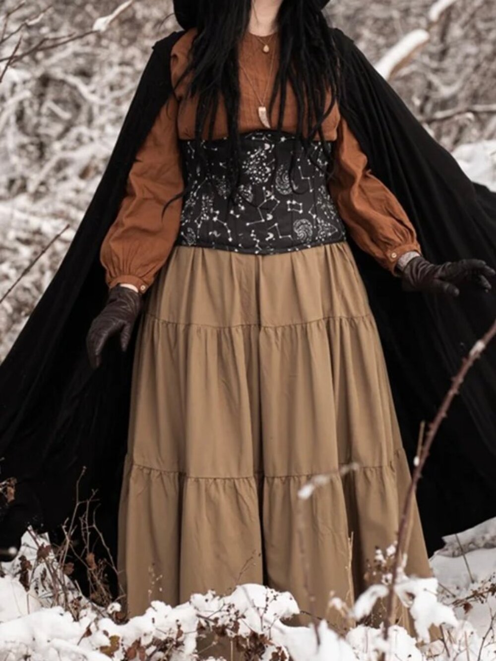 Scarlet Darkness Tiered Broomstick Maxi Skirt XL Taupe Brown Renaissance Fair